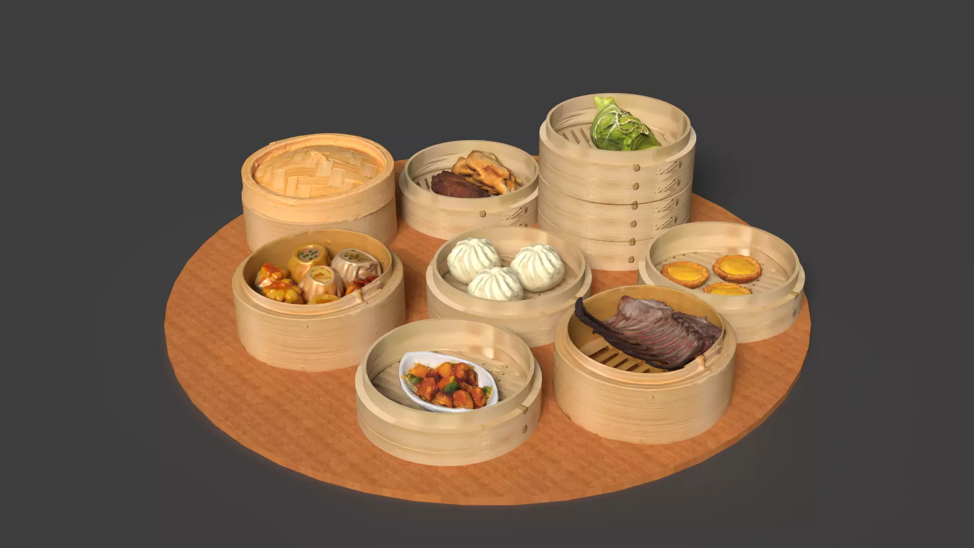  Chinese  dim sum with bamboo steamer  Low-poly 3D model_0