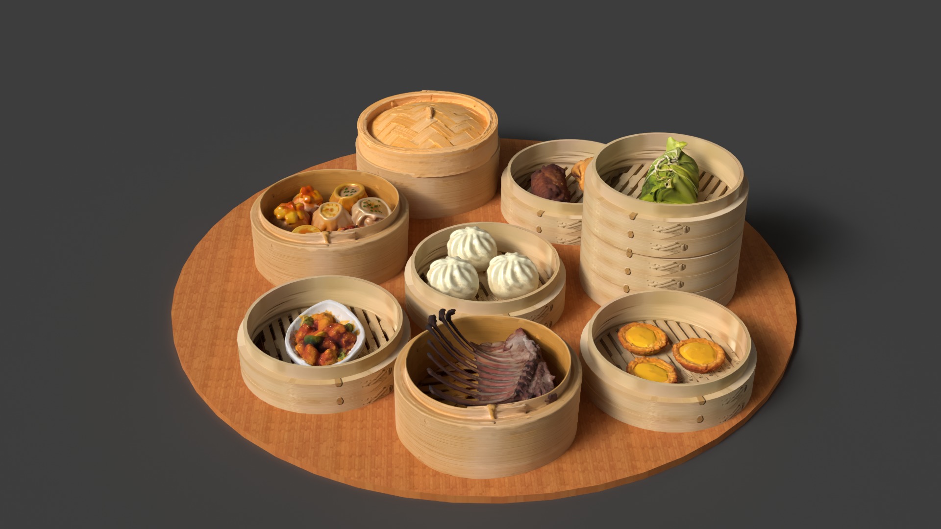 Chinese  dim sum with bamboo steamer  Low-poly 3D model_2