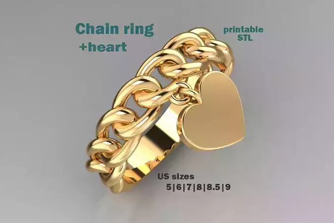 Jewelry chain link ring and heart - printable STL