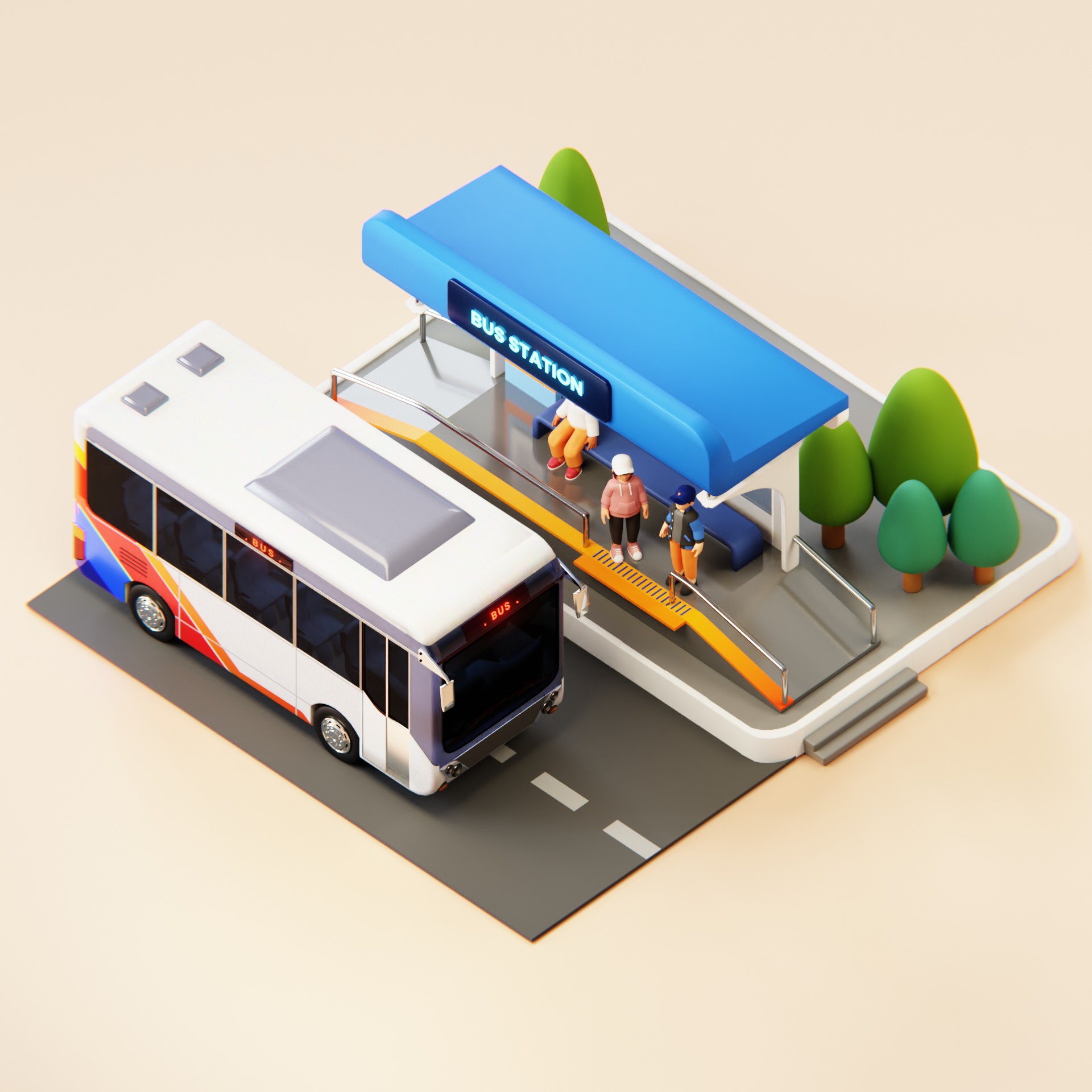 Bus Stop Station Low Poly 3D model_3