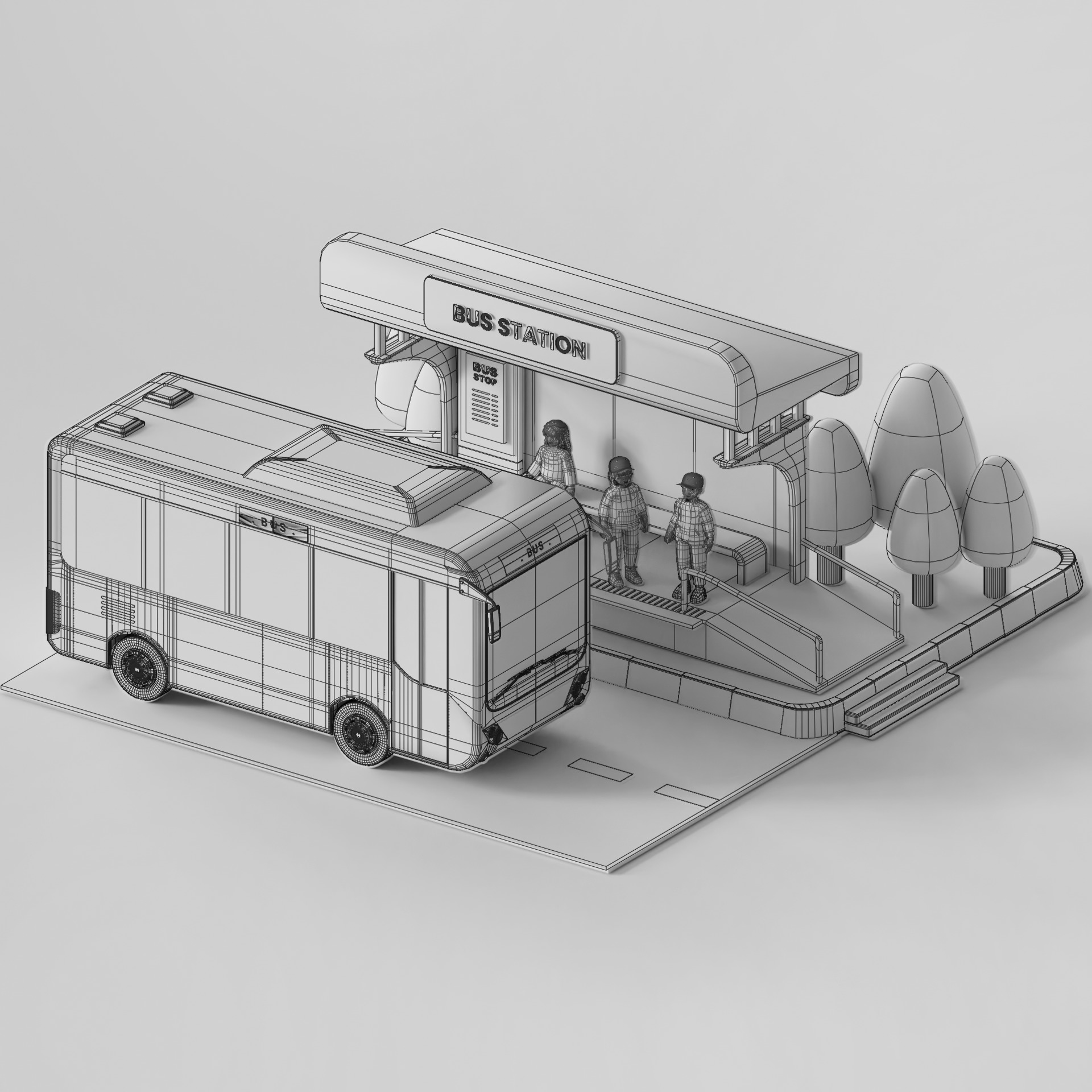 Bus Stop Station Low Poly 3D model_5