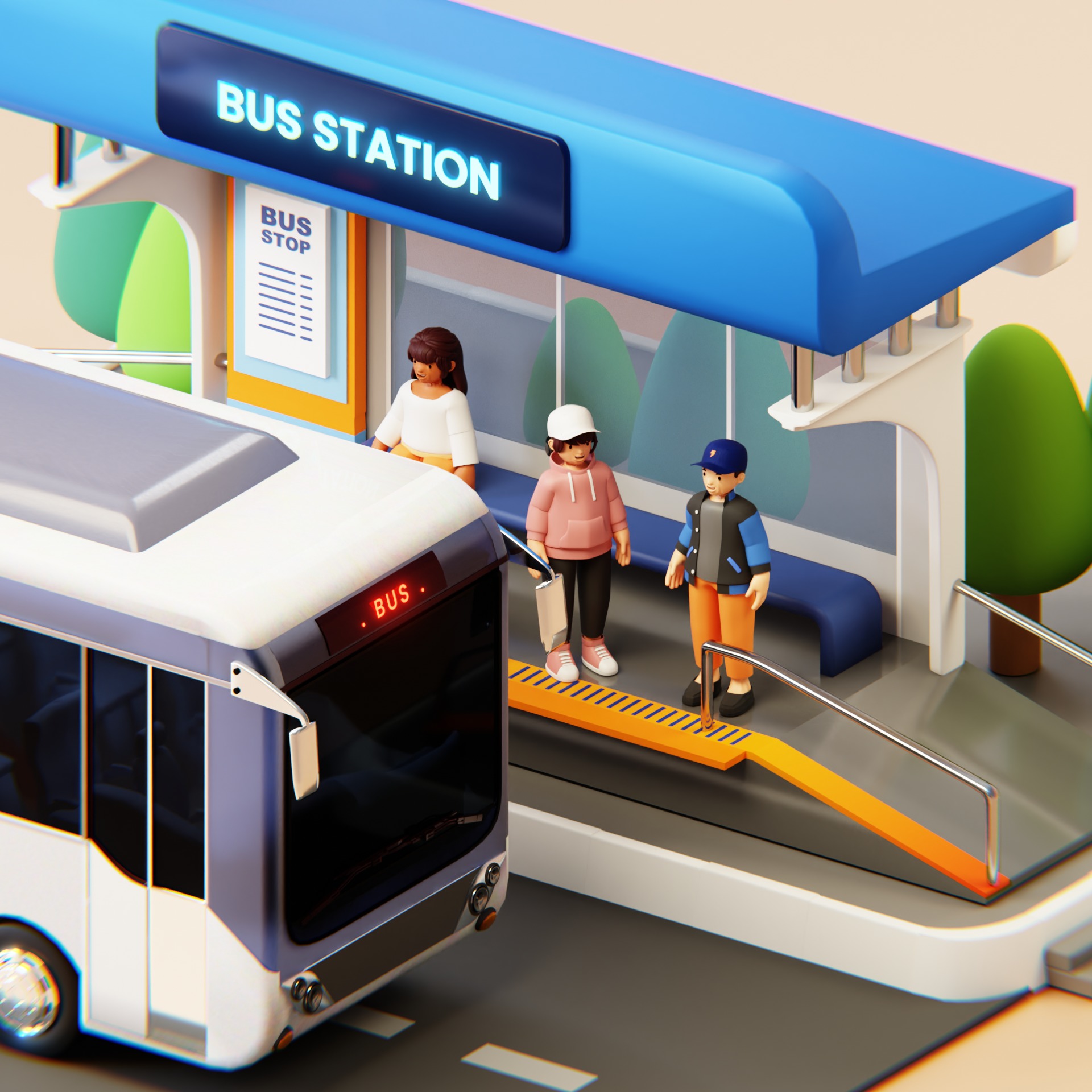 Bus Stop Station Low Poly 3D model_1