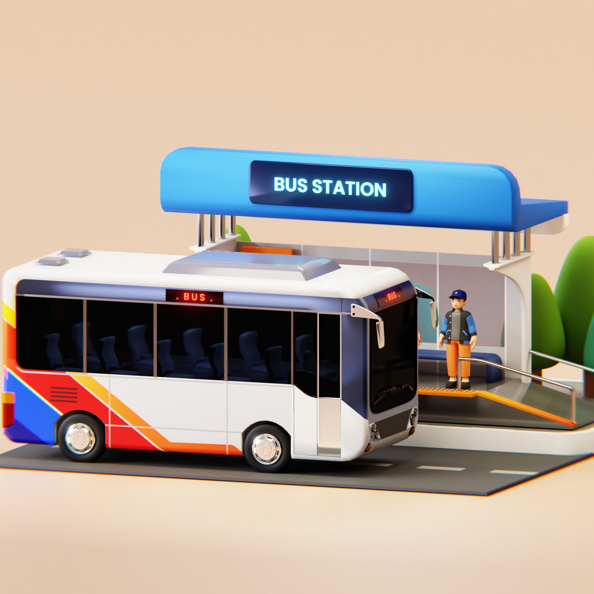 Bus Stop Station Low Poly 3D model_2