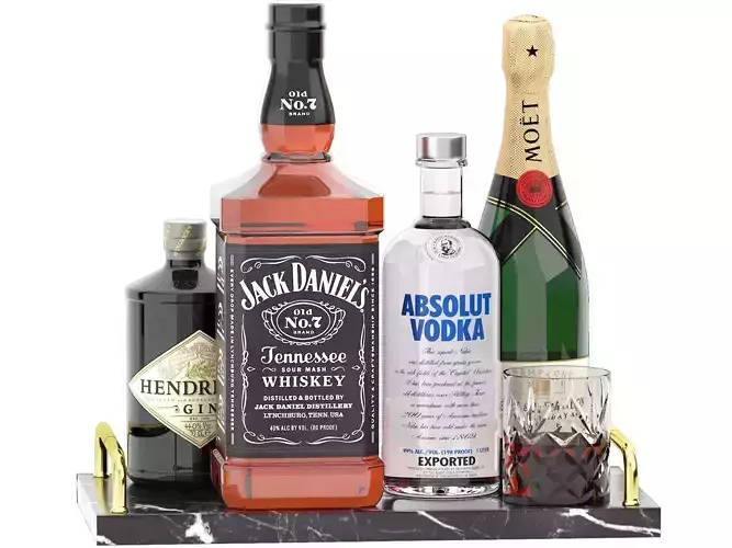 marble tray of wine bottles and whiskey 3D model