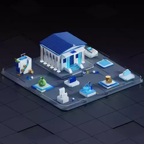 Isometric Low Poly Bank Building and Icon 3D model