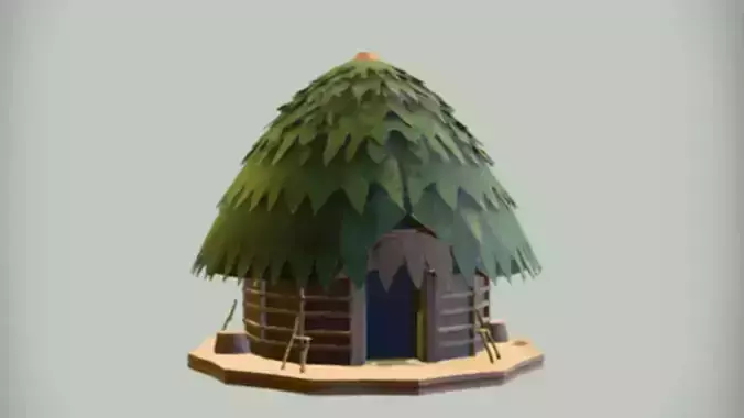 Wooden hut with a thatched roof