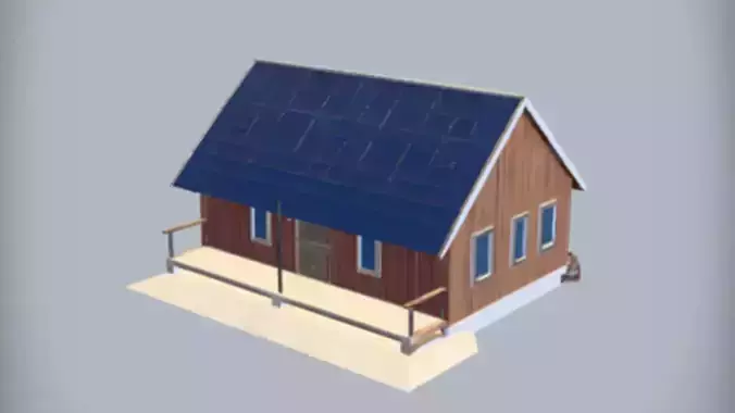 wooden house with blue roof