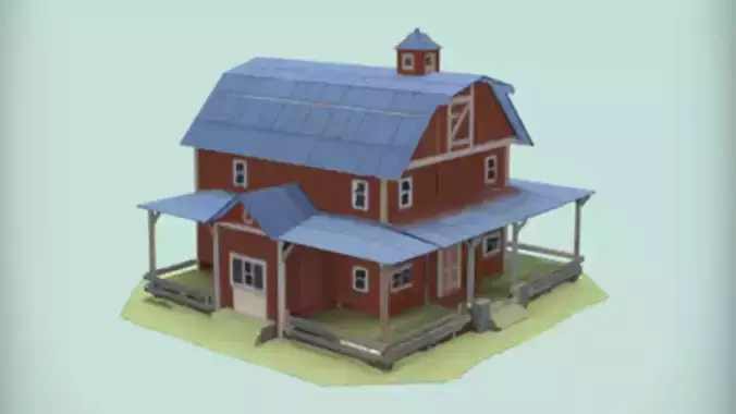 red barn building with blue roof