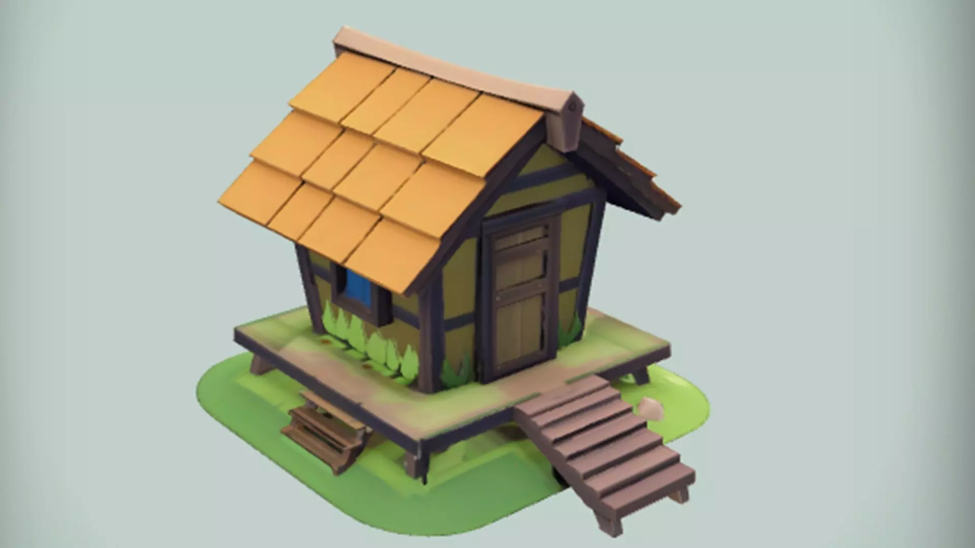 Small wooden house with plants 3D model_0