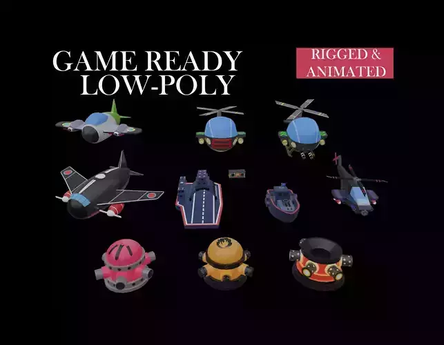 GAME READY Cartoon LowPoly Military Vehicles and Towers Animated Low-poly 3D model