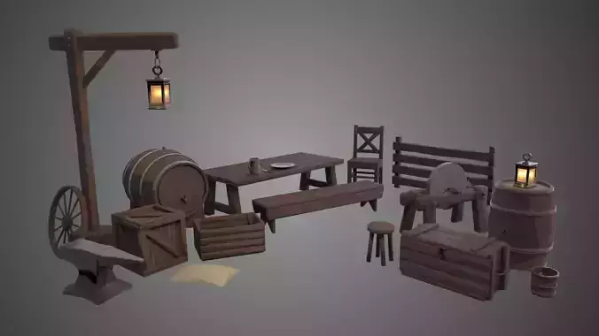 Medieval wooden village props