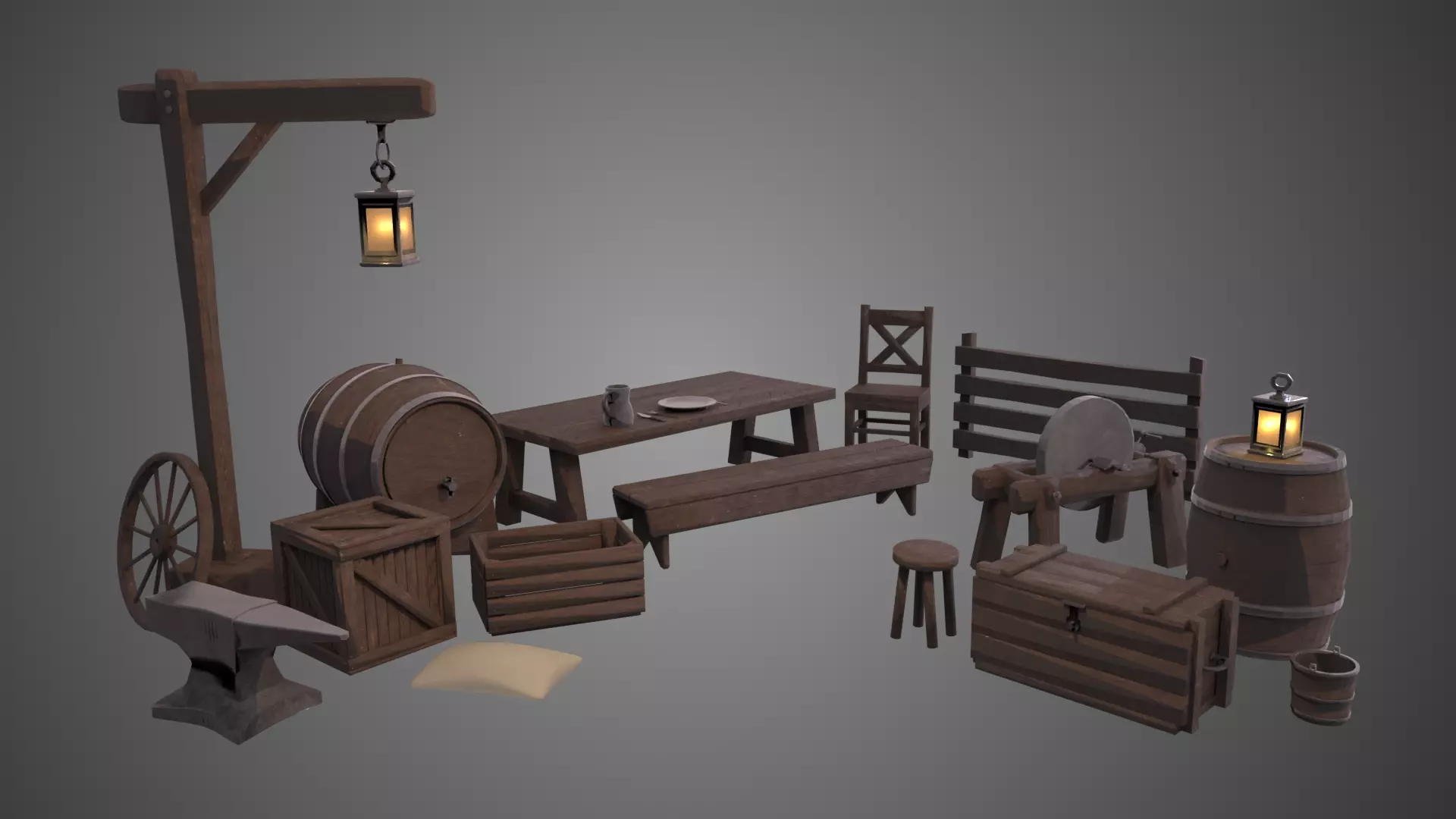 Medieval wooden village props Free 3D model