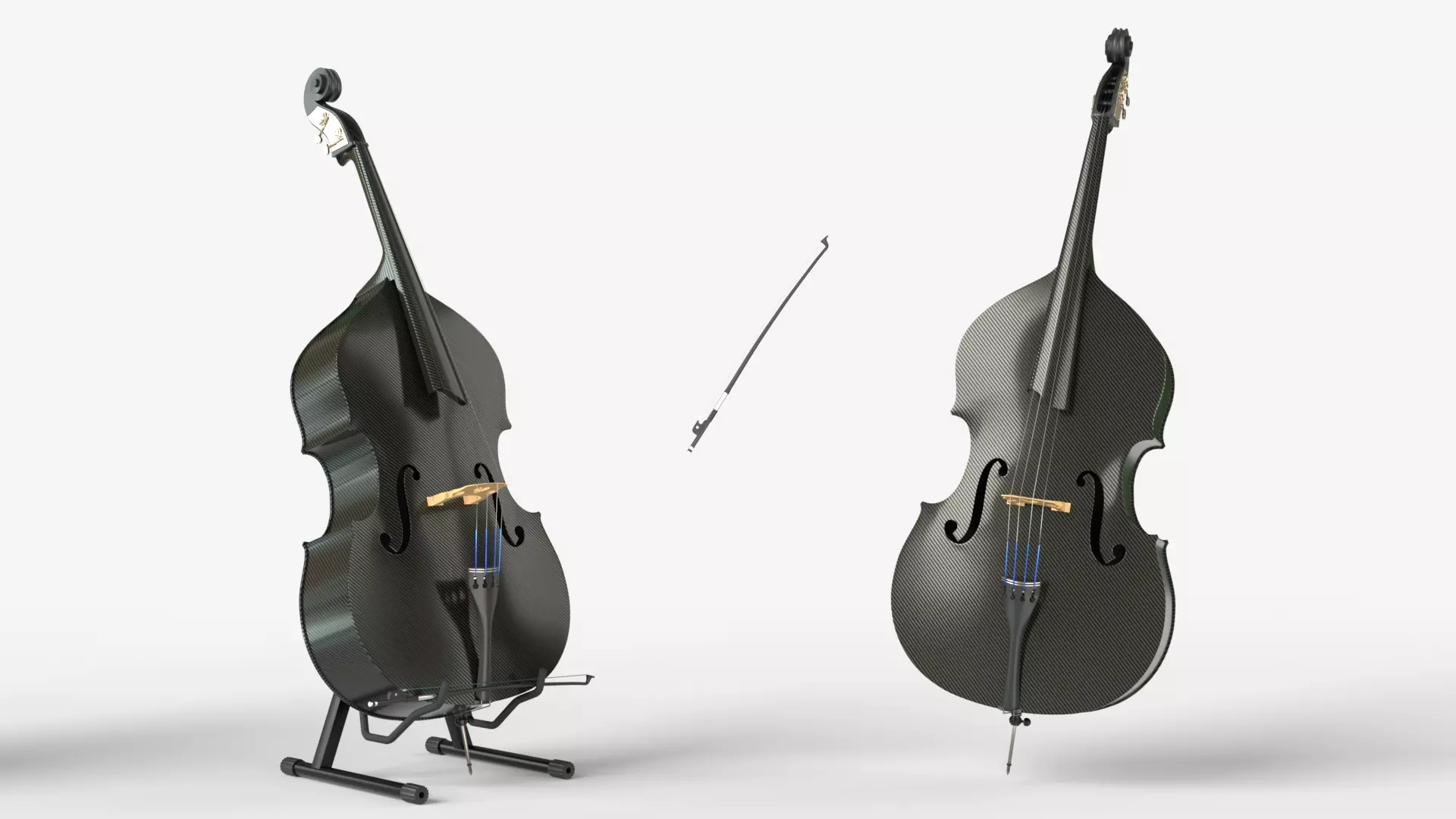 Black Carbon Fiber Double Bass with Bow 3D model_0