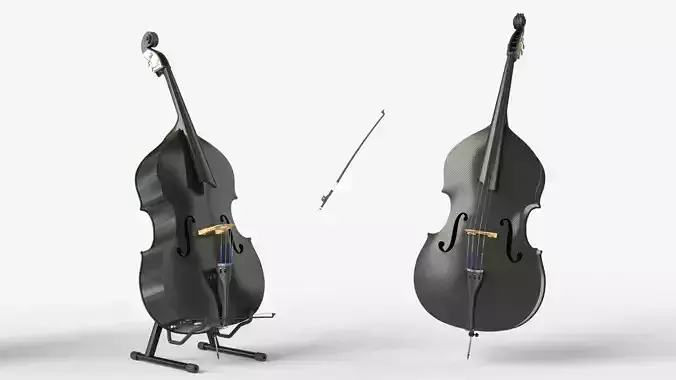 Black Carbon Fiber Double Bass with Bow 3D model