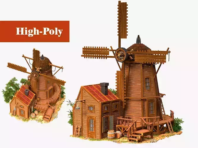 old mill with barn wild west   high-poly textured 3D model