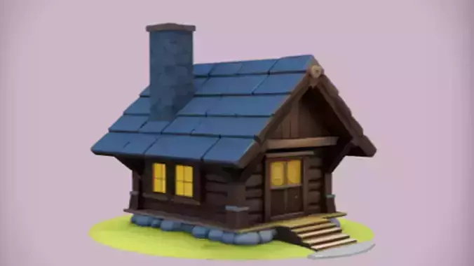 cartoon-style log cabin 3D model