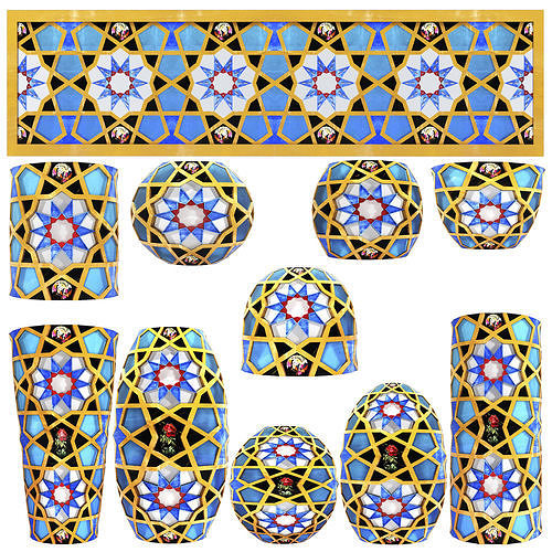 Collection of traditional vases and traditional panels 3D model