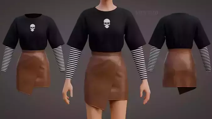 Goth Stripes Skull T-Shirt Brown Leather Mini Skirt Emo Outfit  3D model
