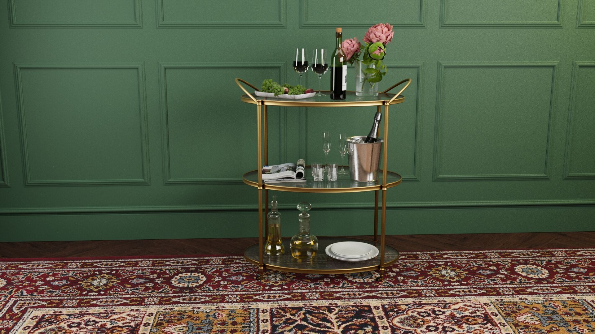 Gold Bar Cart 3D Model with Wine and Flowers and Grapes 3D model_4