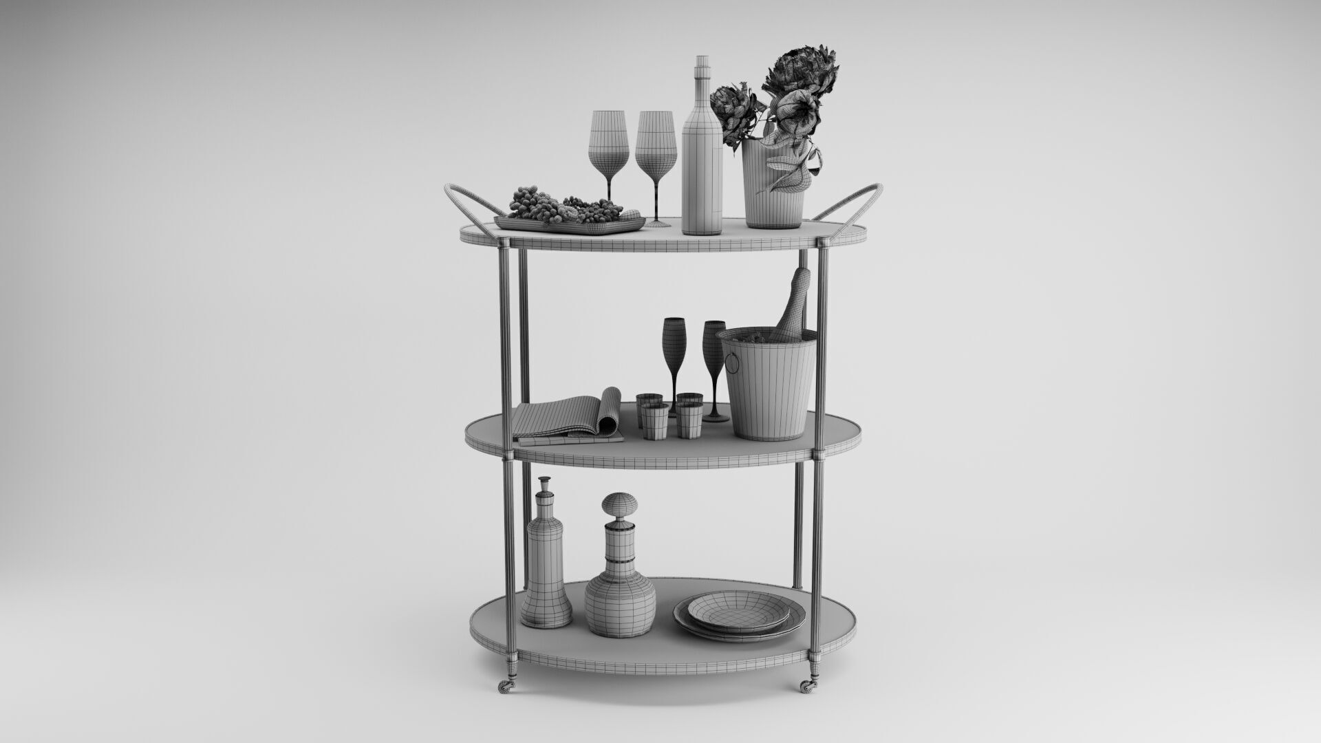 Gold Bar Cart 3D Model with Wine and Flowers and Grapes 3D model_1
