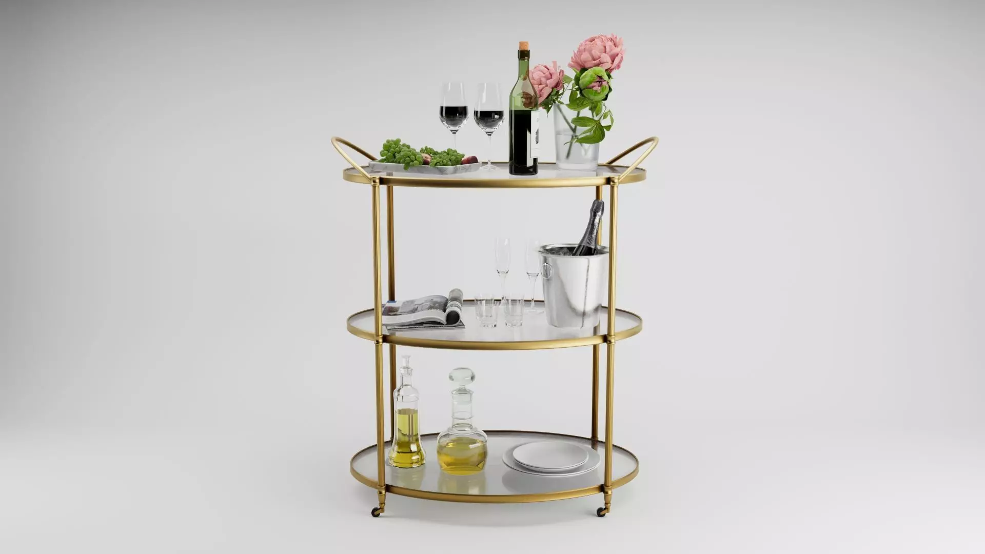 Gold Bar Cart 3D Model with Wine and Flowers and Grapes 3D model_0