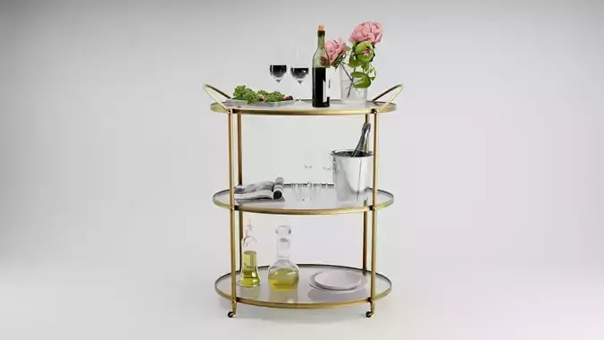 Gold Bar Cart 3D Model with Wine and Flowers and Grapes 3D model