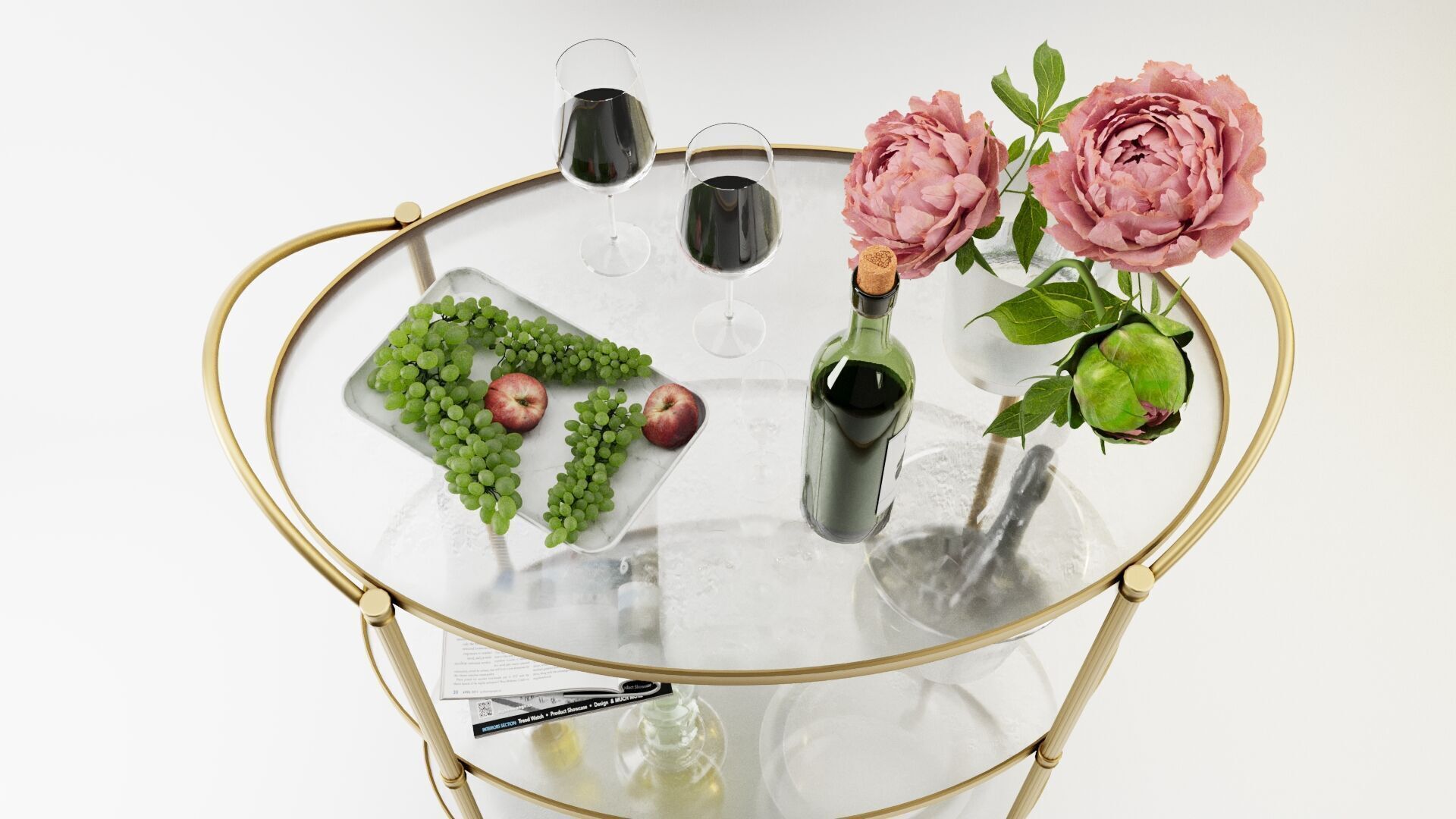Gold Bar Cart 3D Model with Wine and Flowers and Grapes 3D model_2