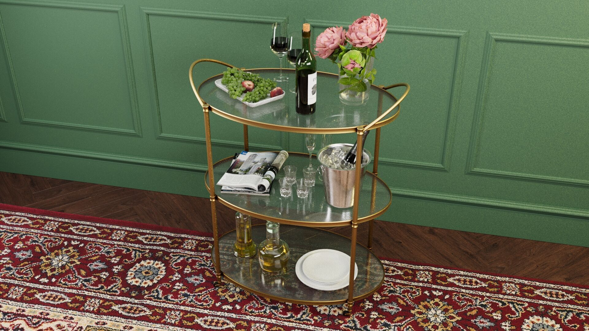 Gold Bar Cart 3D Model with Wine and Flowers and Grapes 3D model_5