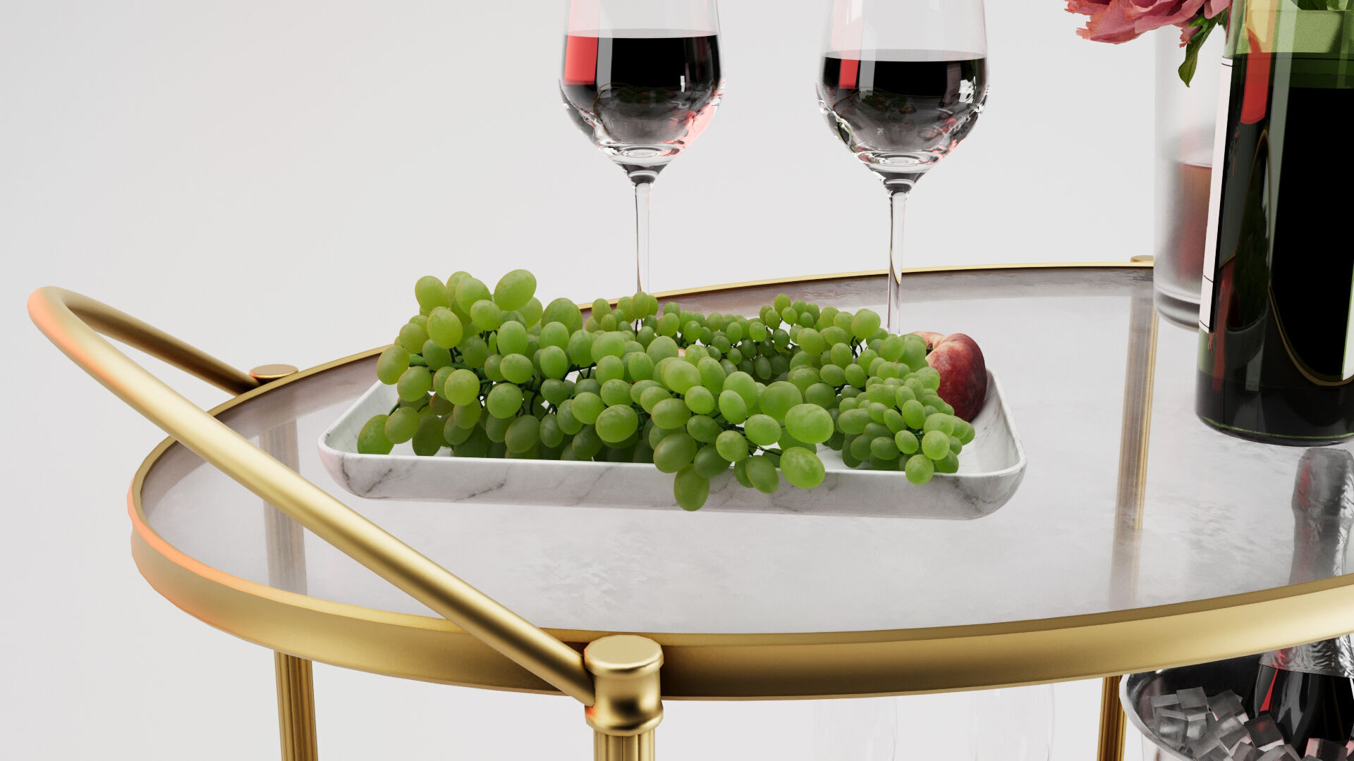 Gold Bar Cart 3D Model with Wine and Flowers and Grapes 3D model_3