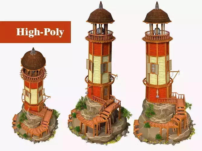 Old lighthouse on a rock wild west  high-poly textured