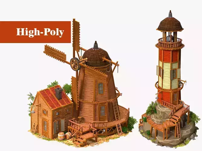 Old lighthouse and old mill wild west two buildings 3D Model Collection