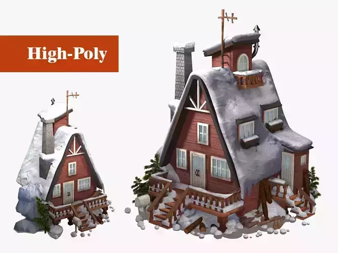 old house in the snow  high-poly textured