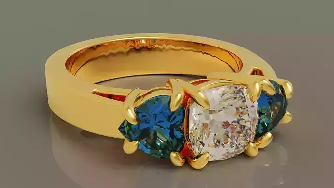 Cathedral style cushion square and heart shape three stone ring 3D print model