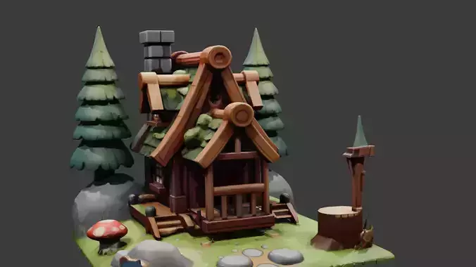 Blender 3D Cartoon Forest House Lowpoly Game Ready