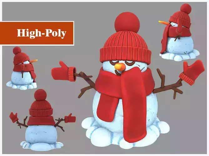 snowman in a red hat and scarf  high-poly