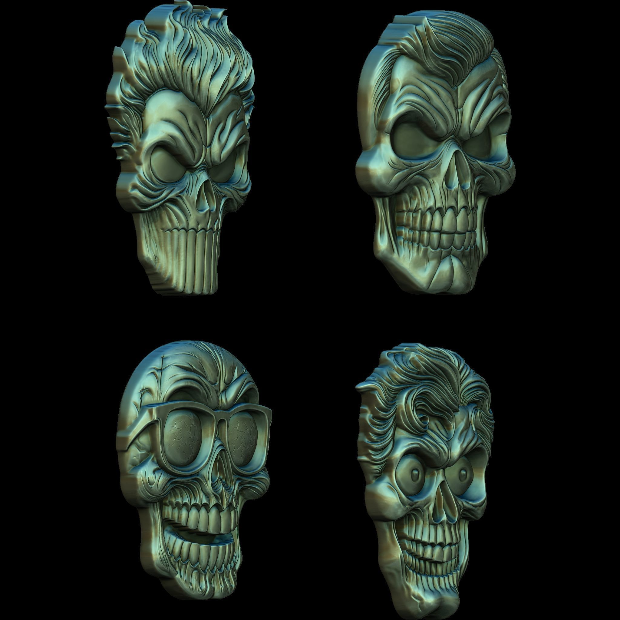 A Collection of 4 Comic Skull Head No4 STL file for 3d Print CNC 3D print model_5