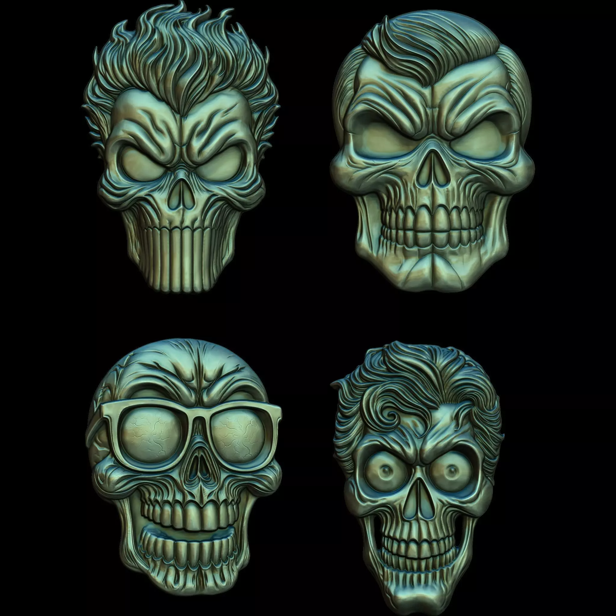 A Collection of 4 Comic Skull Head No4 STL file for 3d Print CNC 3D print model_0