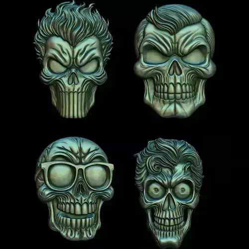 A Collection of 4 Comic Skull Head No4 STL file for 3d Print CNC