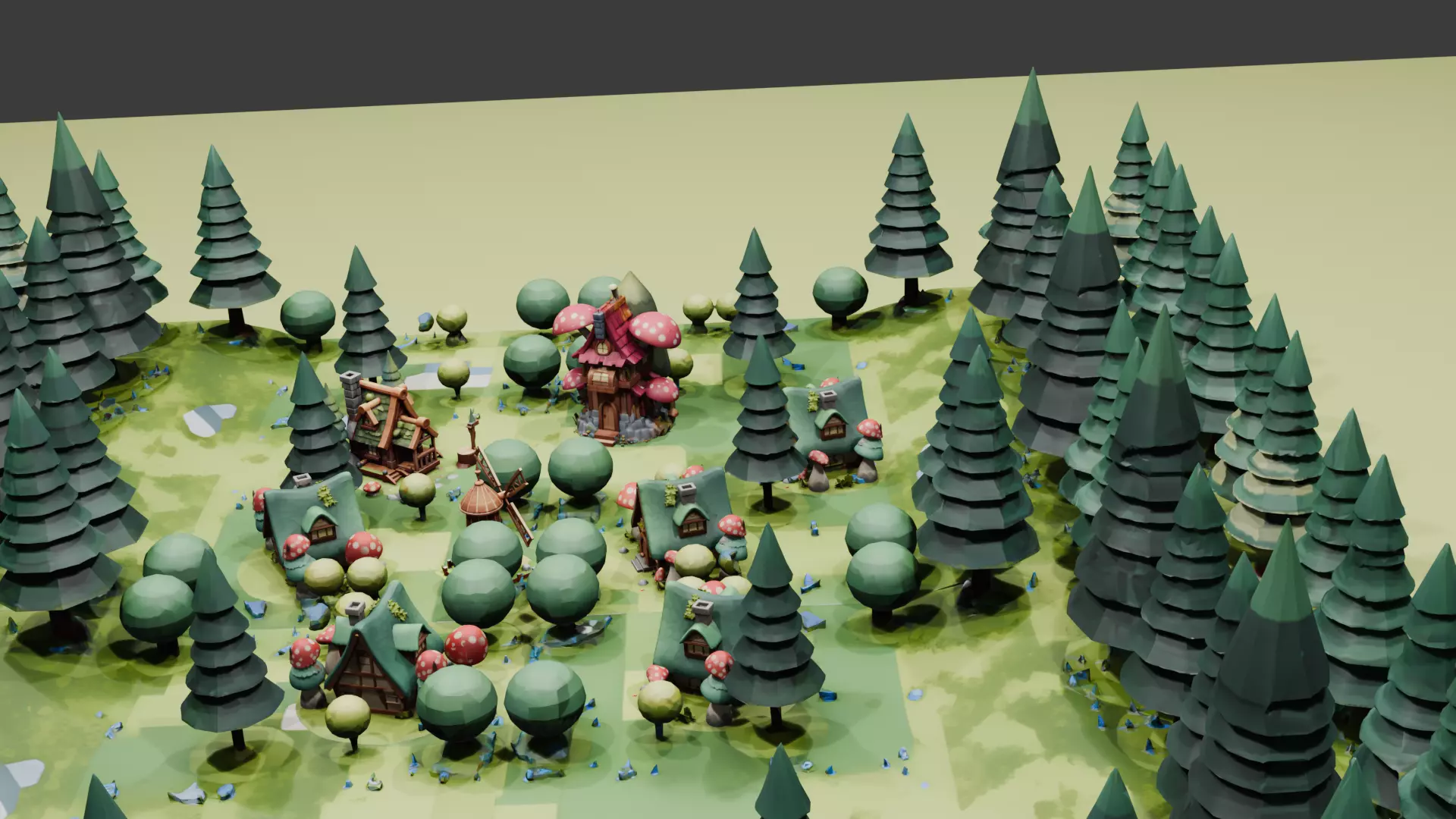 Blender Lowpoly Game Ready Cartoon Fantasy Forest Village Low-poly 3D model_0