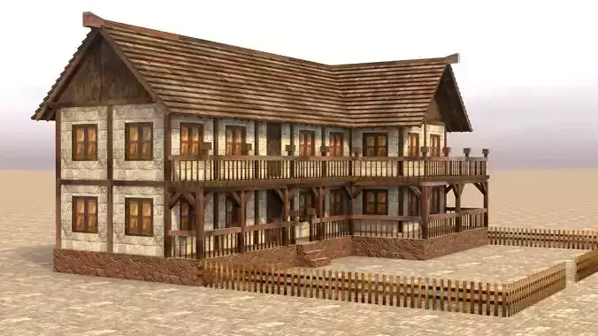 3D low poly medieval barn Low-poly 3D model