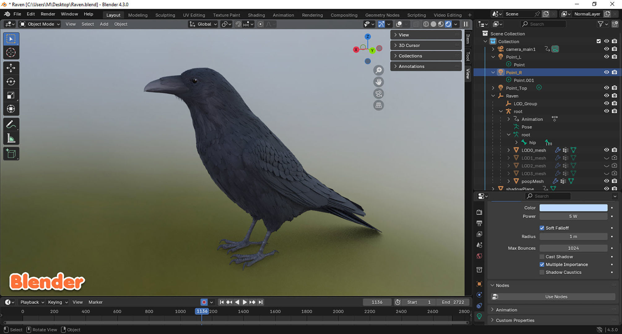 Realistic Animated Raven Low-poly 3D model_9