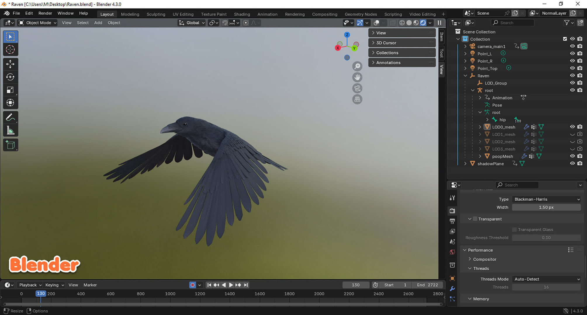 Realistic Animated Raven Low-poly 3D model_14