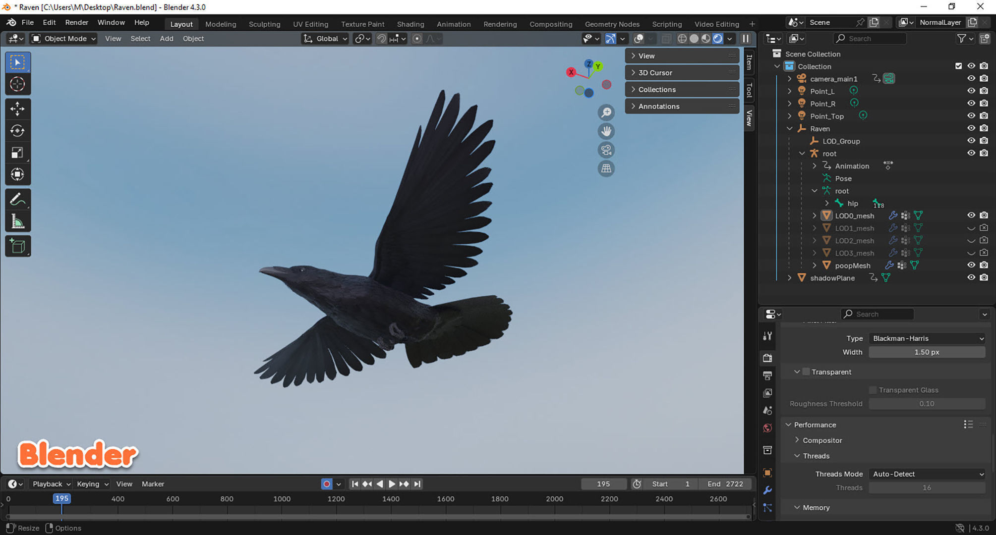 Realistic Animated Raven Low-poly 3D model_12