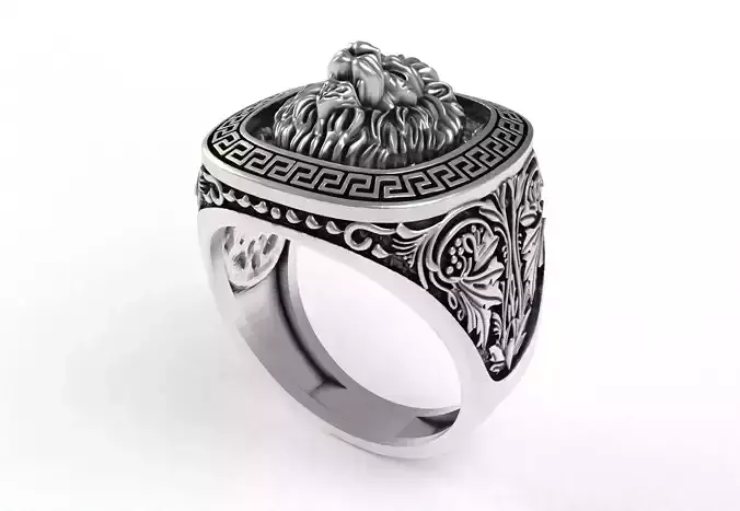 Roaring Lion with Greek Key Square Signet Ring
