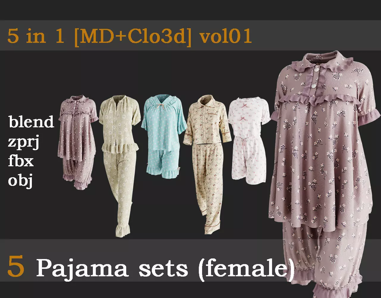 5 Pajama sets 3D model