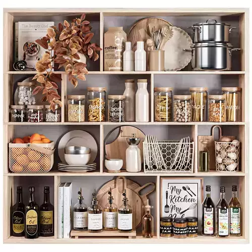 Modern Wooden Kitchen Shelf with Accessories 20 3D model