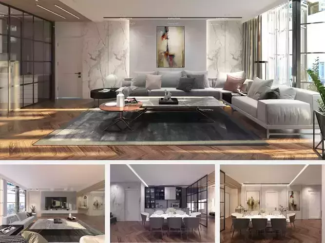 Modern Living and Dining Room 3D Model  3ds Max  VRay Ready File