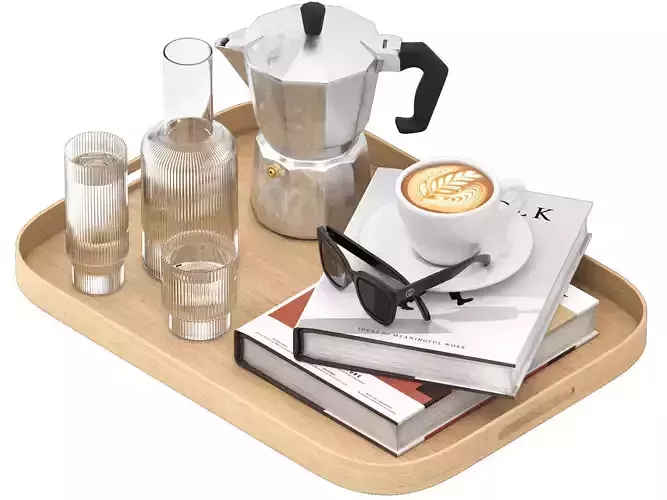 tray of coffee with ripple carafe water sunglasses and kinfolk