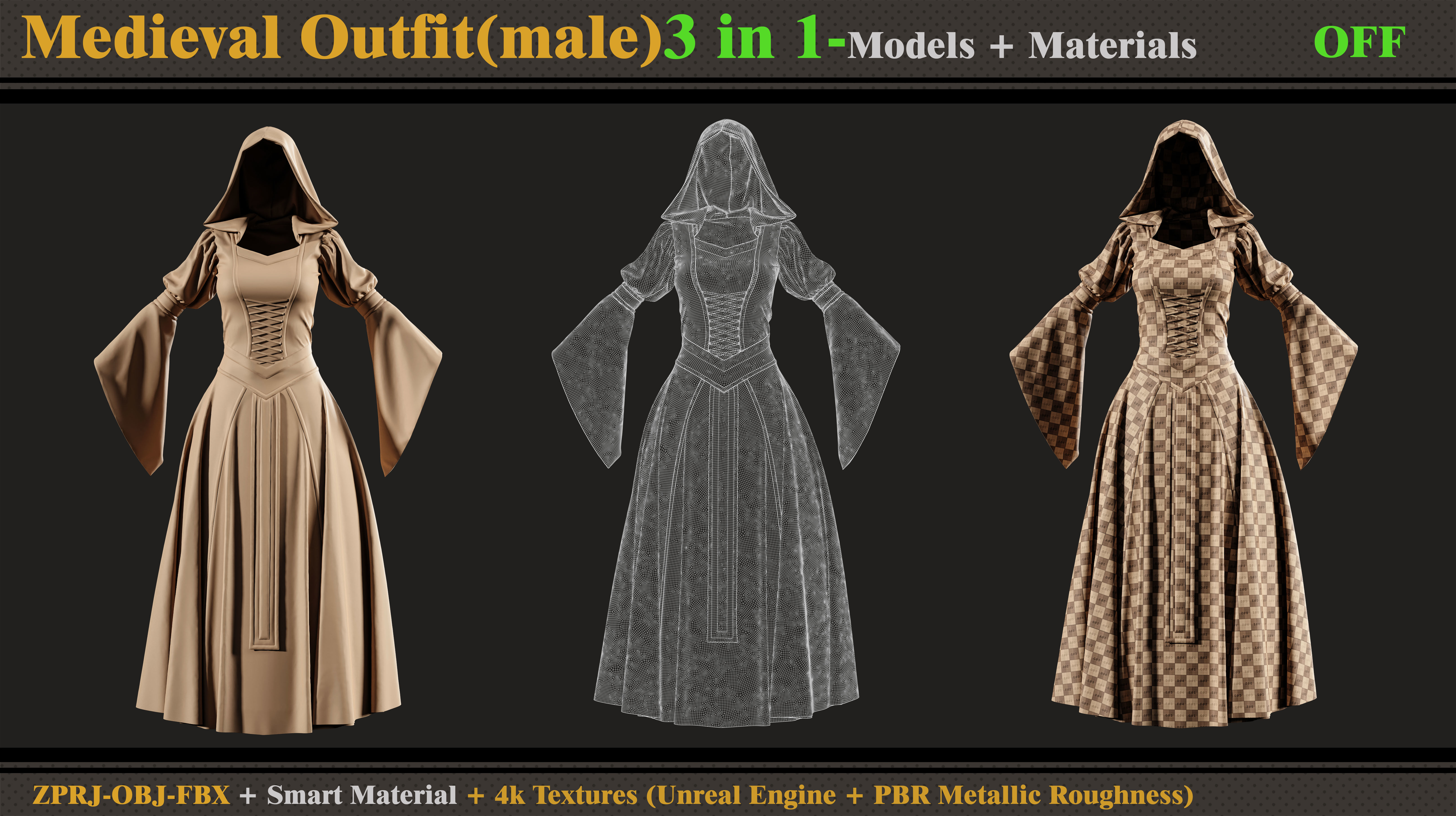 3 in 1 Medieval Outfit-Clo3d-OBJ-FBX-ZPRJ-Material- Textures 3D model_9