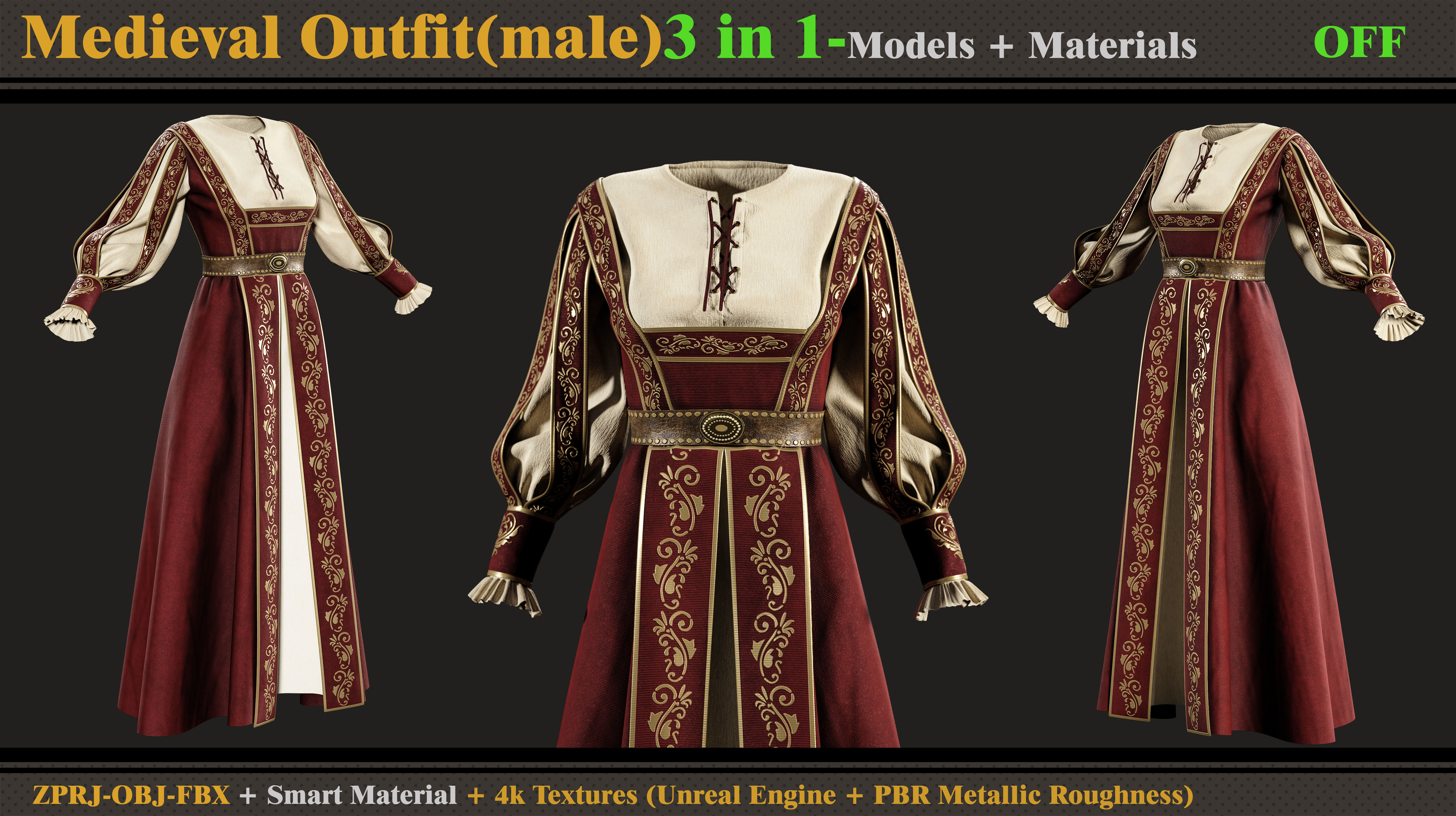 3 in 1 Medieval Outfit-Clo3d-OBJ-FBX-ZPRJ-Material- Textures 3D model_7